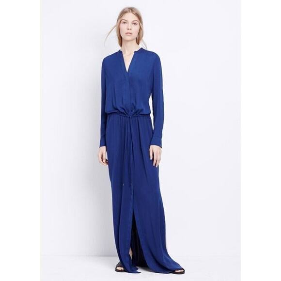 New VINCE Womens Medium M Long Blue Maxi Dress Long Sleeve V-Neck Retail $425 - Picture 2 of 12